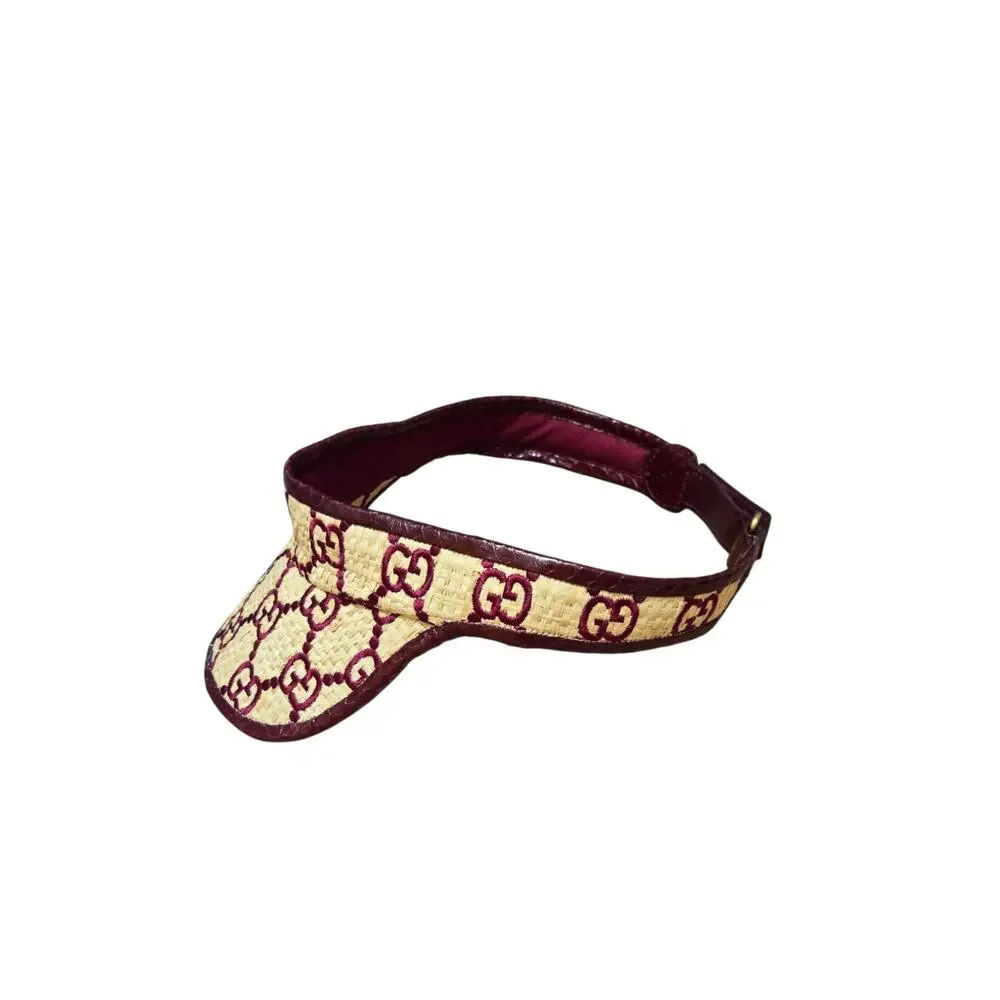 Gucci GG Monogram Raffia Wicker Woven Visor Cap Hat Red Maroon Tan Authentic